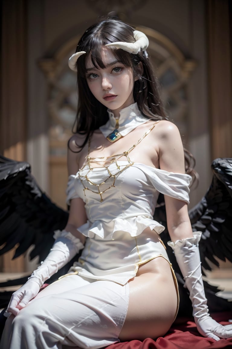 female, ((masterpiece, best quality, ultra detailed, absurdres),
solo, albedo, white dress, detached collar, elbow gloves, black wings, looking at viewer,albedo, sitting,al1, demon horns, white gloves,white dress, bare shoulders