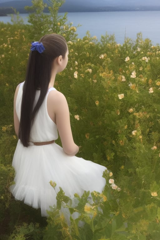 1girl, solo, brown hair, dress, sitting, flower, indoors, hair bun, from behind, white dress, window, ocean, chair, traditional media, table, single hair bun, plant, vase,Girl