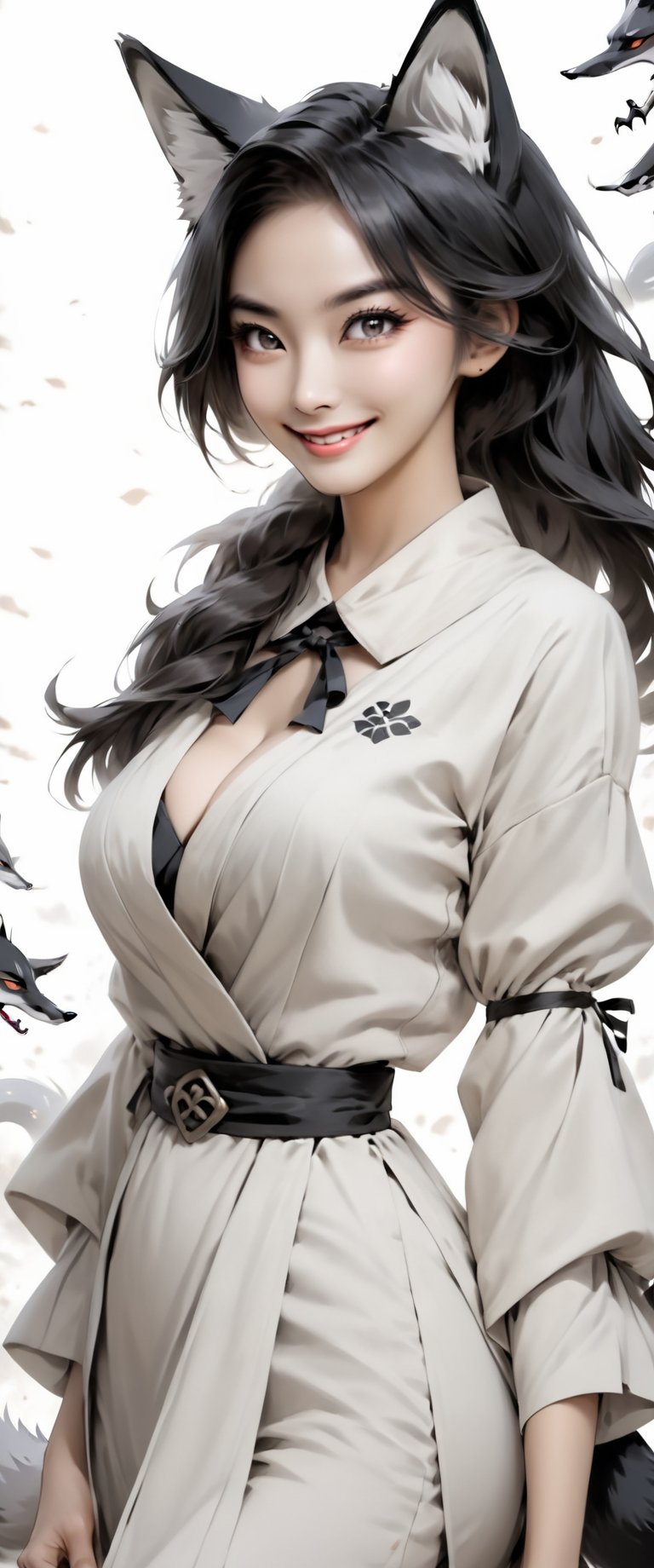 (masterpiece:2), best quality, white background, greyscale, ((monochrome)), traditional media, , 1girl, yokai kitsune, fox tails, expressive eyes, perfect face, (smiles:1.2), big breasts, looking at viewer, Witch costume, 
