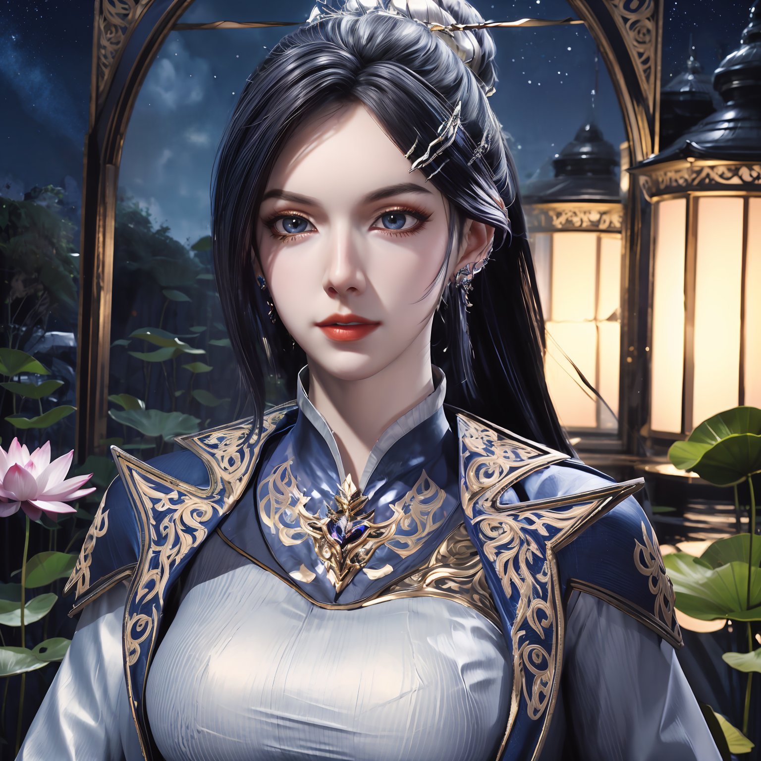 masterpiece,best quality,official art,extremely detailed CG unity 8k wallpaper,realistic,light rays,light particles,1girl,solo,earrings,jewelry,hair_ornament,hair_stick,looking_at_viewer,breasts,black_hair,makeup,medium chest,blue theme,starry background,scenery,starry sky,night,reflection,night sky,outdoors,milkway,cistern,(lotus:1.2),lake water,moon,long_hair,earrings,hair_ornament,hairpin,pants,dynamic pose,looking at viewer,cowboy shot,