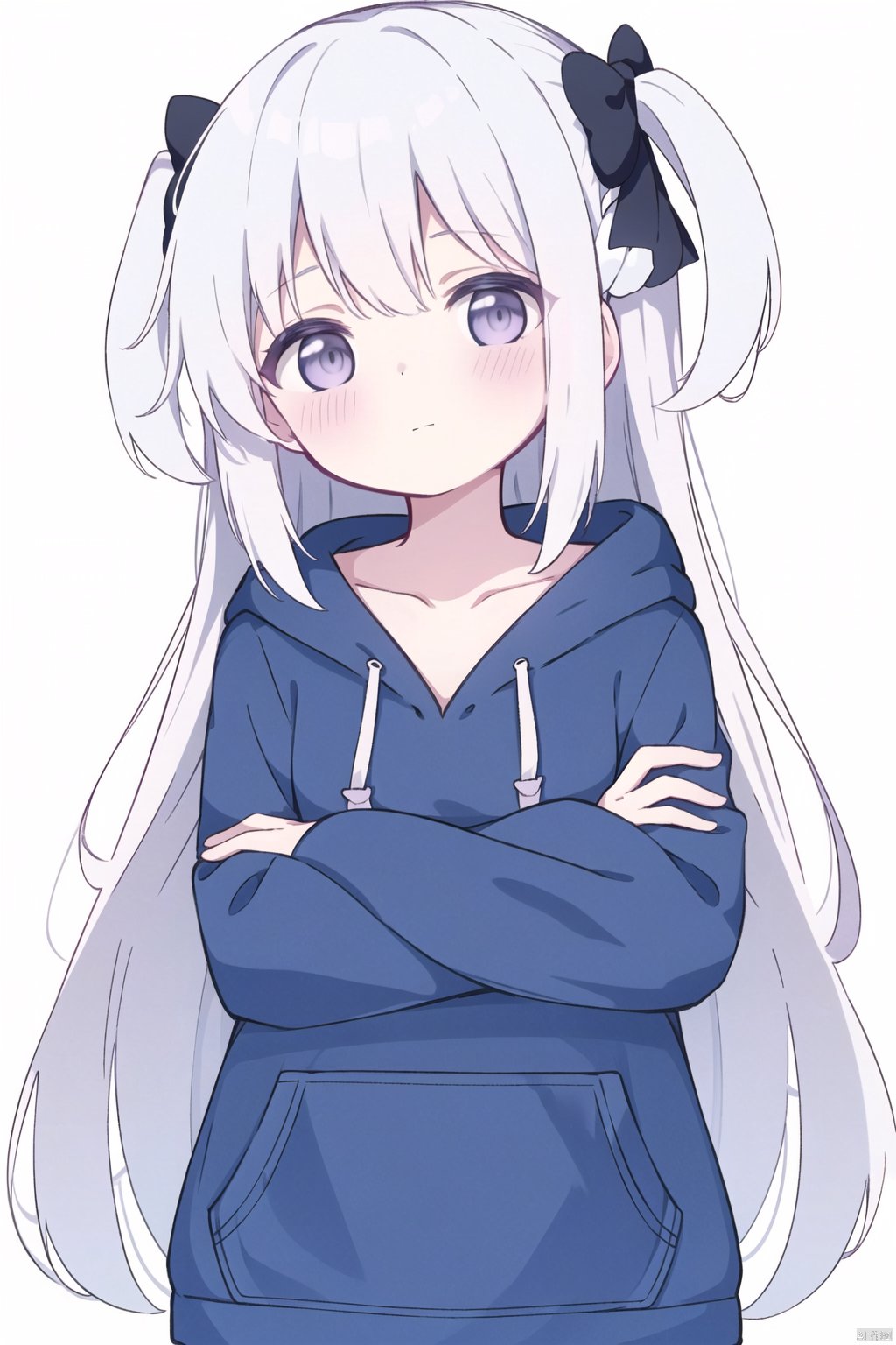 30710, 1girl, solo,white hair, long hair, very long hair, purple eyes, bow, black bow, blue hoodie, closed mouth, collarbone, crossed arms, double-parted bangs, hair between eyes, hair bow, hair intakes, head tilt, hood, hood down, hoodie, light blush, looking at viewer, one side up, sleeves past fingers, sleeves past wrists, white background