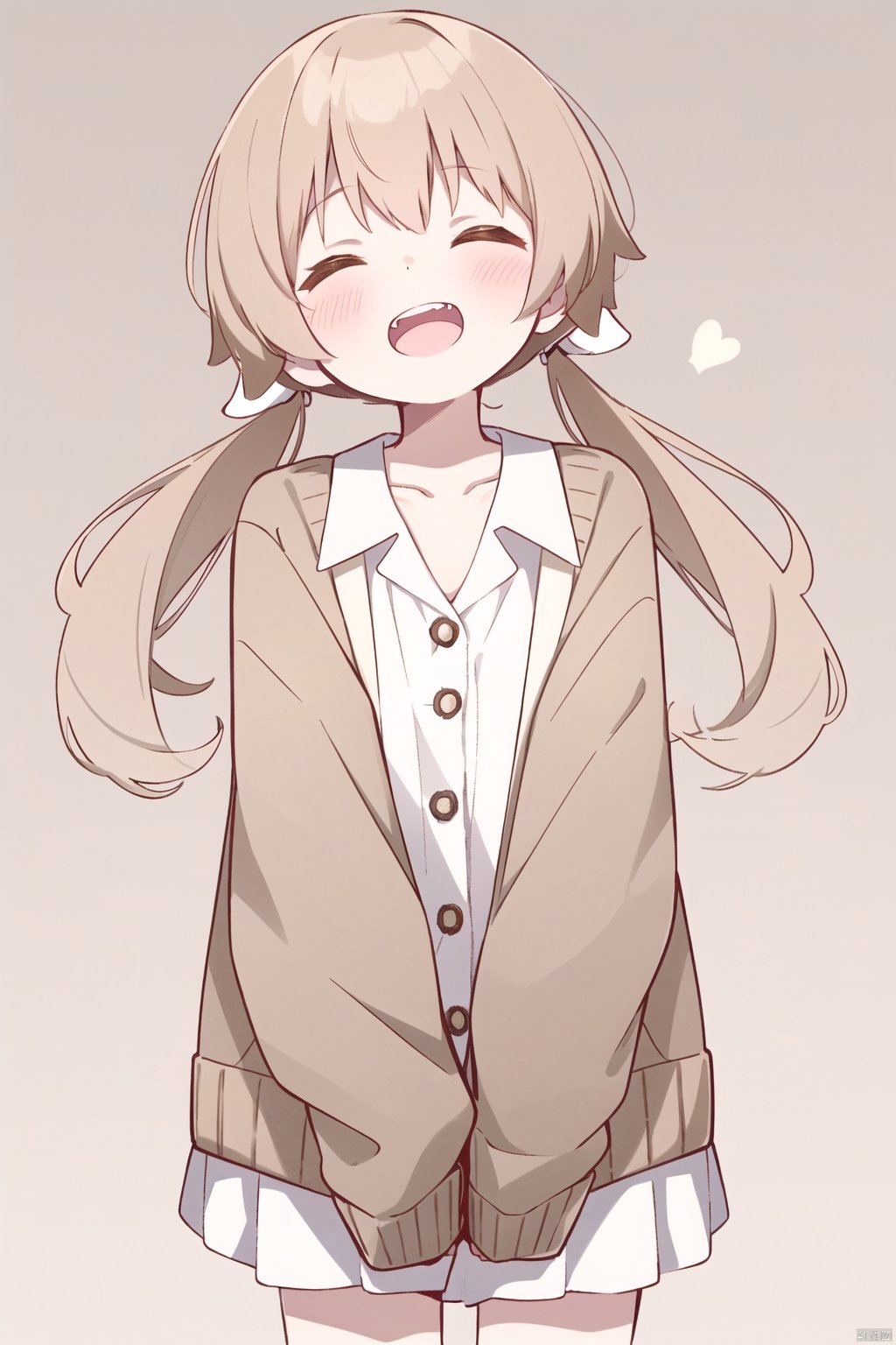 30710, 1girl, solo,light brown hair, twintails, blush, smile, shirt, white shirt, long shirt, ^ ^, brown cardigan, cardigan, closed eyes, collarbone, cropped legs, long sleeves, sleeves past fingers, sleeves past wrists, upper teeth only, teeth, white background