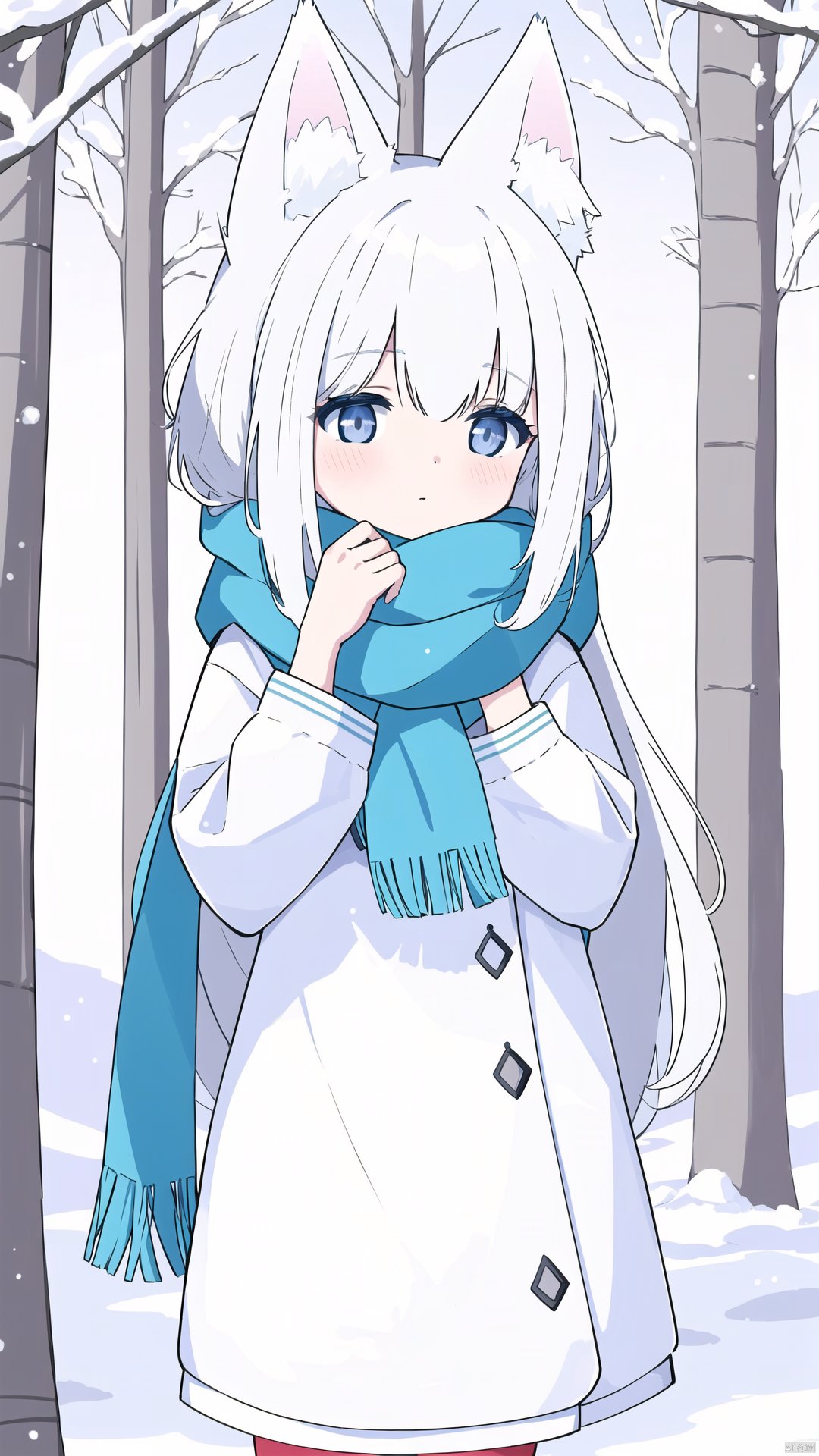  (a serene winter scene:1.2), a digital artwork depicting a peaceful pathway through a snowy pine forest, where a white-haired fox girl dressed in a cozy, thick light blue outfit walks, adorned with a vibrant red scarf, (highly detailed:1.1), showcasing the intricate textures of the fox girl's hair and the delicate patterns on her clothing, (tranquil ambiance:1.2), immersing the viewer in the calm and tranquility of the winter landscape, (fox-like elegance:1.1), as the fox girl moves with grace and poise amidst the snowy surroundings, (soft sunlight filtering through the trees:1.1), casting a gentle glow on her white hair and illuminating the snow-covered path, (dynamic composition:1.1), capturing the captivating presence of the white-haired fox girl in her thick, light blue attire and red scarf, inviting viewers to step into the serene beauty of the winter forest, and experience the peacefulness and enchantment of a snowy day through the eyes of the fox girl., 30710