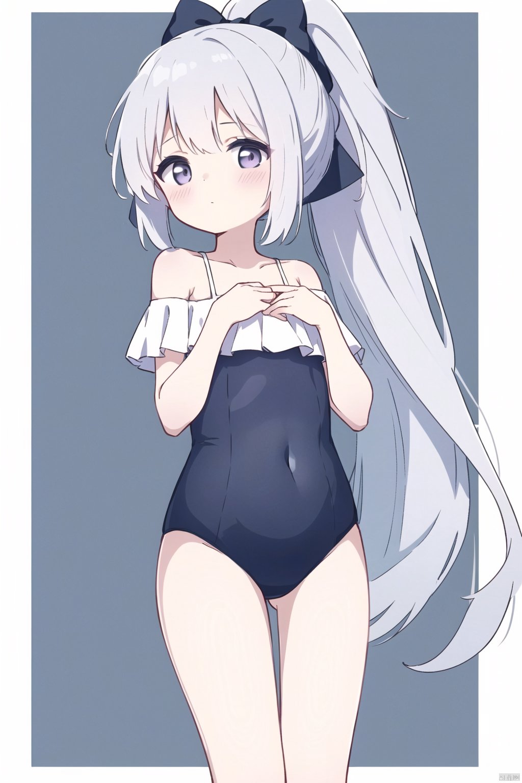  30710, 1girl, solo, grey hair, long hair, very long hair, purple eyes, blush, bow, covered navel, bare shoulders, blue bow, blue one-piece swimsuit, casual one-piece swimsuit, closed mouth, collarbone, cropped legs, frilled one-piece swimsuit, frills, hair between eyes, hair bow, black bow, hands on own chest, hands up, looking at viewer, off-shoulder one-piece swimsuit, one-piece swimsuit, ponytail, swimsuit, white background