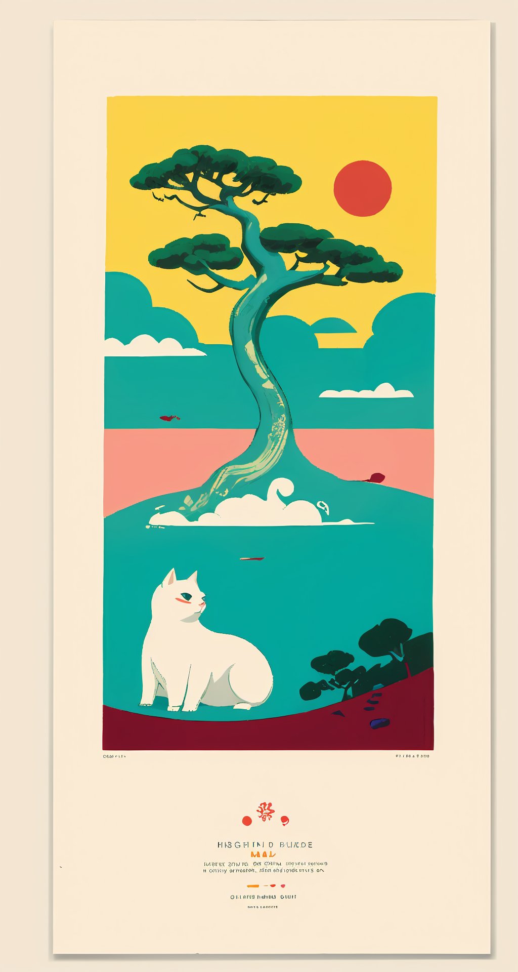 A minimalist, yet strong and bold, illustration of a white marmalade cat, on a rich yellow background, with bonsai tree-like teal clouds drifting, and a pink circle of sun, worn ink textures, grainy ink roller textures, fine art print, vintage Japanese styled, bar and cafe flyer, masterpiece of an illustration, lovely print style. reminiscent of the style of Rene Gruau and Saul Bass, illustration, GBH, landscape, outdoors,illustration,landscape