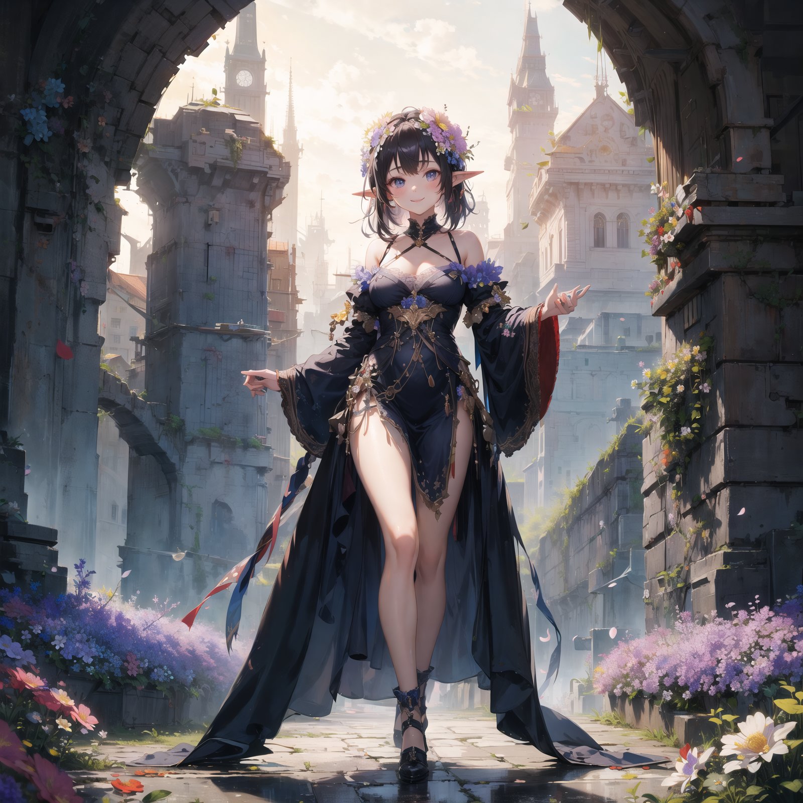 (masterpiece, best quality), (ultra detailed),(absurdres), 1 girl,(baby face:1.1),pointy ears,right bule hair,kindly smile,(flower:1.4),Matte Painting,full body,fantasy world