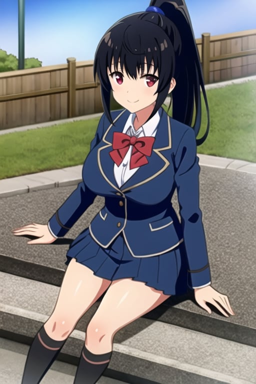 shizuku yaegashi, black hair, red eyes, high ponytail, smile, large breasts, school uniform, blue jacket, red bowtie, pleated skirt, kneehighs, sitting, town scenery 