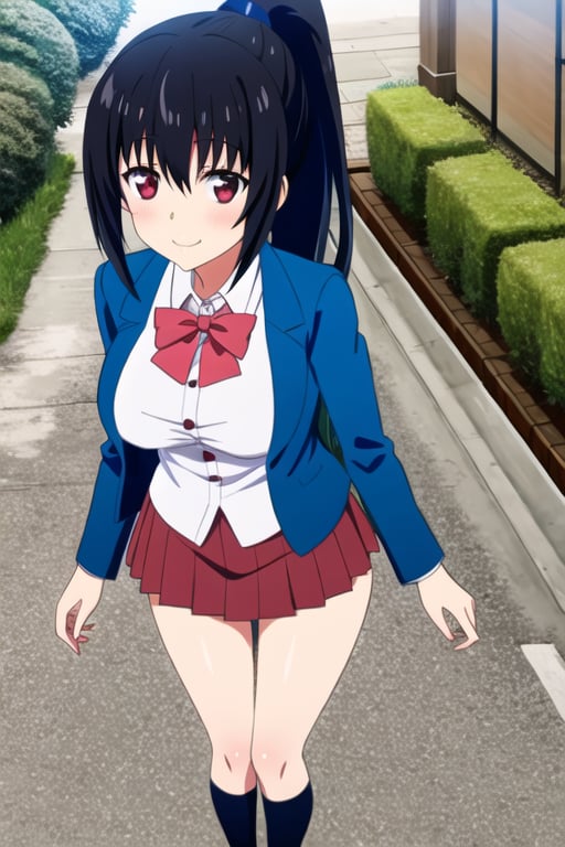 shizuku yaegashi, black hair, red eyes, high ponytail, smile, large breasts, school uniform, blue jacket, red bowtie, pleated skirt, kneehighs, standing, town scenery 