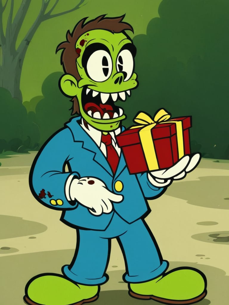 (rubber_hose_character:1.1) <lora:RubberHose_Characters_SDXL_v1:1.3>,cartoon, a zombie in a dirty suit, offering a gift to his friend