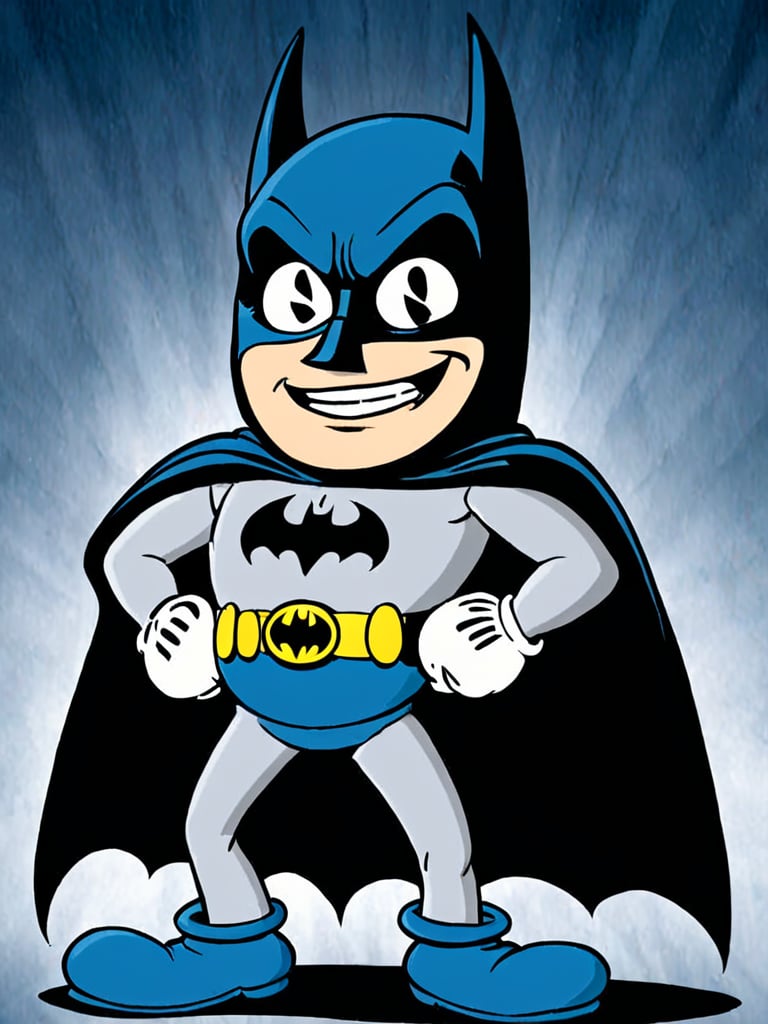 (rubber_hose_character:1.5) <lora:RubberHose_Characters_SDXL_v1:1.5>,cartoon, batman, cape, frown eyes, black and grey suit, (blue trunks:1.3)