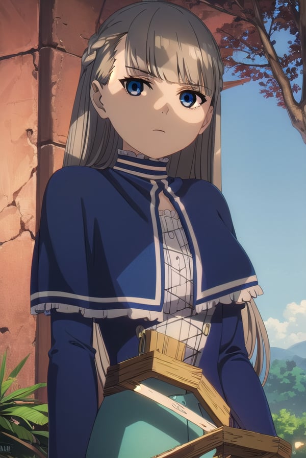 lawine, <lora:lawine-alpha-lora-nochekaiser:1>,lawine, long hair, bangs, blue eyes, brown hair, braid, low-tied long hair,BREAK long sleeves, dress, frills, capelet, blue dress, blue capelet,BREAK outdoors, forest, nature, grass, sky, sun, clouds,BREAK looking at viewer, (cowboy shot:1.5),BREAK <lyco:GoodHands-beta2:1>, (masterpiece:1.2), best quality, high resolution, unity 8k wallpaper, (illustration:0.8), (beautiful detailed eyes:1.6), extremely detailed face, perfect lighting, extremely detailed CG, (perfect hands, perfect anatomy),