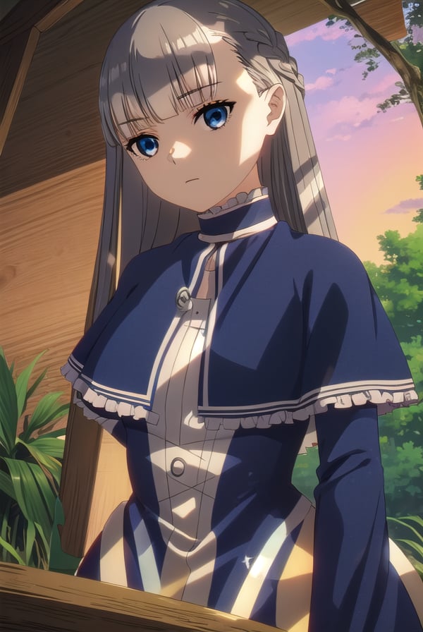 lawine, <lora:lawine-alpha-lora-nochekaiser:1>,lawine, long hair, bangs, blue eyes, brown hair, braid, low-tied long hair,BREAK long sleeves, dress, frills, capelet, blue dress, blue capelet,BREAK outdoors, forest, nature, grass, sky, sun, clouds,BREAK looking at viewer, (cowboy shot:1.5),BREAK <lyco:GoodHands-beta2:1>, (masterpiece:1.2), best quality, high resolution, unity 8k wallpaper, (illustration:0.8), (beautiful detailed eyes:1.6), extremely detailed face, perfect lighting, extremely detailed CG, (perfect hands, perfect anatomy),