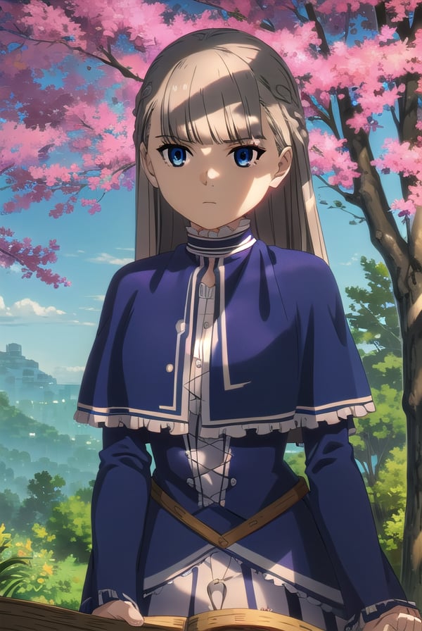 lawine, <lora:lawine-alpha-lora-nochekaiser:1>,lawine, long hair, bangs, blue eyes, brown hair, braid, low-tied long hair,BREAK long sleeves, dress, frills, capelet, blue dress, blue capelet,BREAK outdoors, forest, nature, grass, sky, sun, clouds,BREAK looking at viewer, (cowboy shot:1.5),BREAK <lyco:GoodHands-beta2:1>, (masterpiece:1.2), best quality, high resolution, unity 8k wallpaper, (illustration:0.8), (beautiful detailed eyes:1.6), extremely detailed face, perfect lighting, extremely detailed CG, (perfect hands, perfect anatomy),