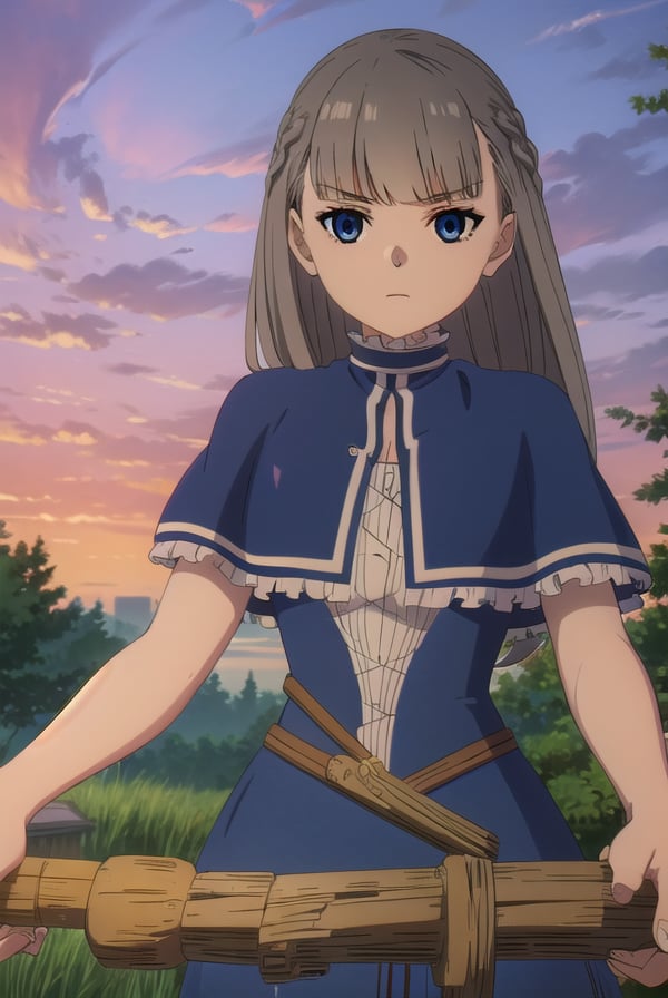 lawine, <lora:lawine-alpha-lora-nochekaiser:1>,lawine, long hair, bangs, blue eyes, brown hair, braid, low-tied long hair,BREAK long sleeves, dress, frills, capelet, blue dress, blue capelet,BREAK outdoors, forest, nature, grass, sky, sun, clouds,BREAK looking at viewer, (cowboy shot:1.5),BREAK <lyco:GoodHands-beta2:1>, (masterpiece:1.2), best quality, high resolution, unity 8k wallpaper, (illustration:0.8), (beautiful detailed eyes:1.6), extremely detailed face, perfect lighting, extremely detailed CG, (perfect hands, perfect anatomy),