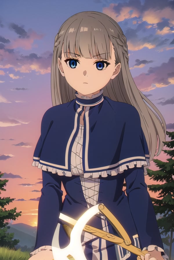 lawine, <lora:lawine-alpha-lora-nochekaiser:1>,lawine, long hair, bangs, blue eyes, brown hair, braid, low-tied long hair,BREAK long sleeves, dress, frills, capelet, blue dress, blue capelet,BREAK outdoors, forest, nature, grass, sky, sun, clouds,BREAK looking at viewer, (cowboy shot:1.5),BREAK <lyco:GoodHands-beta2:1>, (masterpiece:1.2), best quality, high resolution, unity 8k wallpaper, (illustration:0.8), (beautiful detailed eyes:1.6), extremely detailed face, perfect lighting, extremely detailed CG, (perfect hands, perfect anatomy),