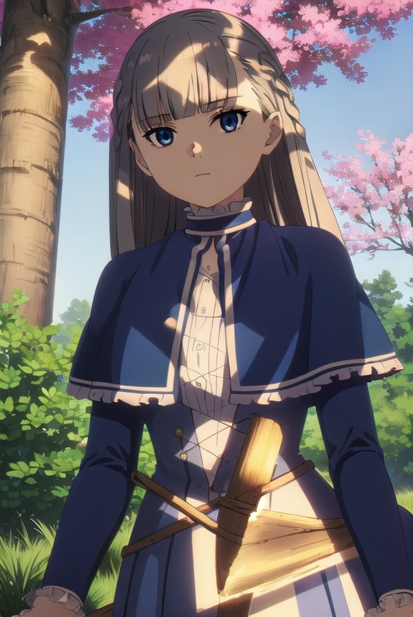 lawine, <lora:lawine-alpha-lora-nochekaiser:1>,lawine, long hair, bangs, blue eyes, brown hair, braid, low-tied long hair,BREAK long sleeves, dress, frills, capelet, blue dress, blue capelet,BREAK outdoors, forest, nature, grass, sky, sun, clouds,BREAK looking at viewer, (cowboy shot:1.5),BREAK <lyco:GoodHands-beta2:1>, (masterpiece:1.2), best quality, high resolution, unity 8k wallpaper, (illustration:0.8), (beautiful detailed eyes:1.6), extremely detailed face, perfect lighting, extremely detailed CG, (perfect hands, perfect anatomy),