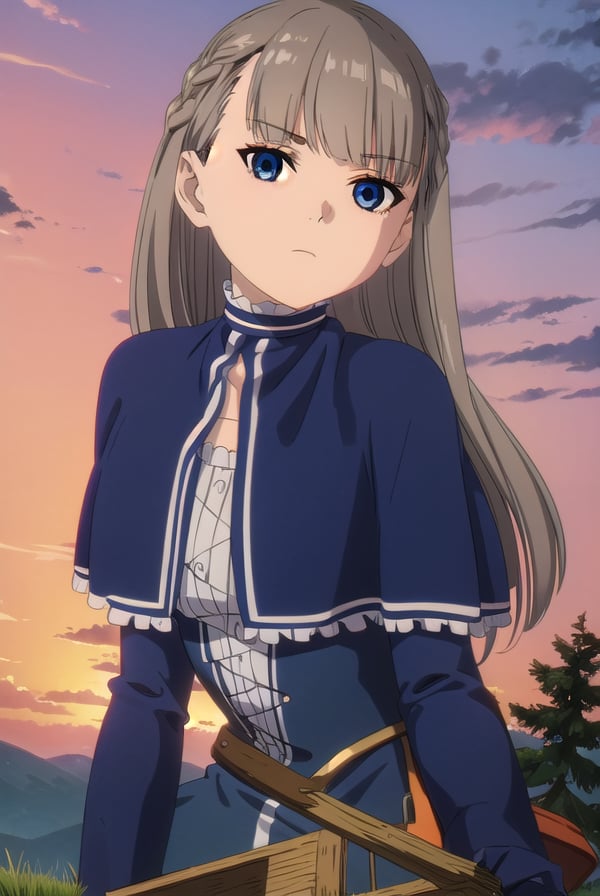 lawine, <lora:lawine-alpha-lora-nochekaiser:1>,lawine, long hair, bangs, blue eyes, brown hair, braid, low-tied long hair,BREAK long sleeves, dress, frills, capelet, blue dress, blue capelet,BREAK outdoors, forest, nature, grass, sky, sun, clouds,BREAK looking at viewer, (cowboy shot:1.5),BREAK <lyco:GoodHands-beta2:1>, (masterpiece:1.2), best quality, high resolution, unity 8k wallpaper, (illustration:0.8), (beautiful detailed eyes:1.6), extremely detailed face, perfect lighting, extremely detailed CG, (perfect hands, perfect anatomy),