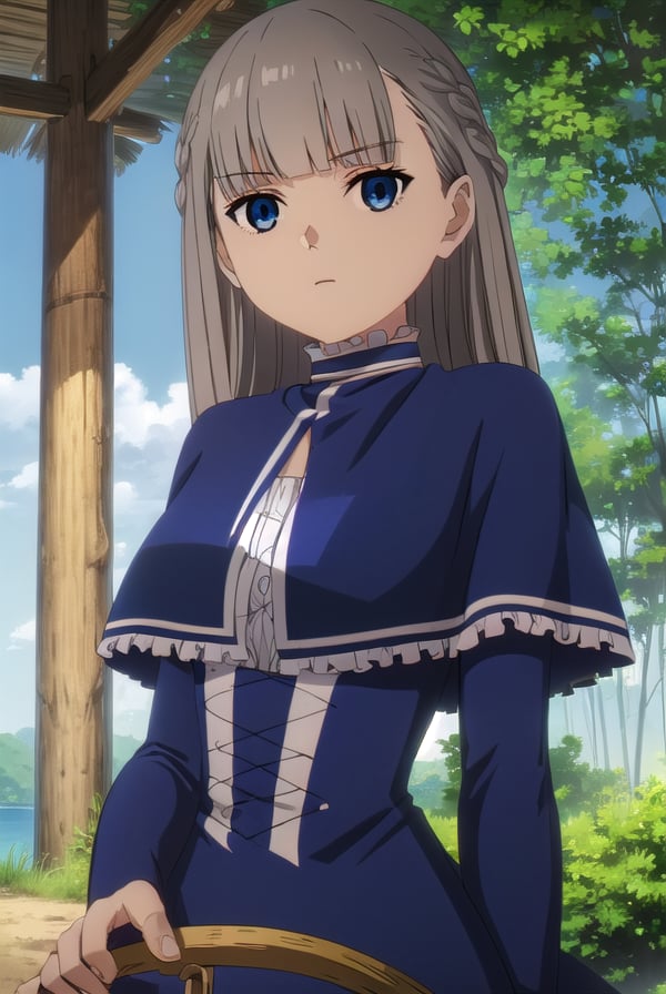 lawine, <lora:lawine-alpha-lora-nochekaiser:1>,lawine, long hair, bangs, blue eyes, brown hair, braid, low-tied long hair,BREAK long sleeves, dress, frills, capelet, blue dress, blue capelet,BREAK outdoors, forest, nature, grass, sky, sun, clouds,BREAK looking at viewer, (cowboy shot:1.5),BREAK <lyco:GoodHands-beta2:1>, (masterpiece:1.2), best quality, high resolution, unity 8k wallpaper, (illustration:0.8), (beautiful detailed eyes:1.6), extremely detailed face, perfect lighting, extremely detailed CG, (perfect hands, perfect anatomy),