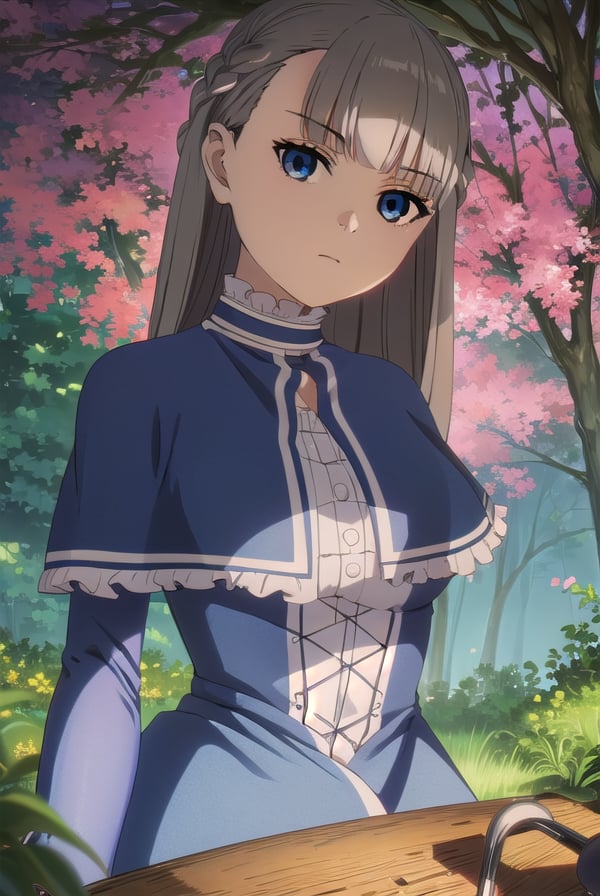 lawine, <lora:lawine-alpha-lora-nochekaiser:1>,lawine, long hair, bangs, blue eyes, brown hair, braid, low-tied long hair,BREAK long sleeves, dress, frills, capelet, blue dress, blue capelet,BREAK outdoors, forest, nature, grass, sky, sun, clouds,BREAK looking at viewer, (cowboy shot:1.5),BREAK <lyco:GoodHands-beta2:1>, (masterpiece:1.2), best quality, high resolution, unity 8k wallpaper, (illustration:0.8), (beautiful detailed eyes:1.6), extremely detailed face, perfect lighting, extremely detailed CG, (perfect hands, perfect anatomy),