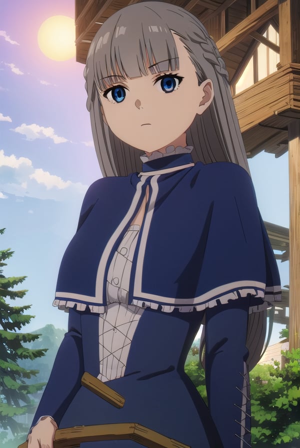 lawine, <lora:lawine-alpha-lora-nochekaiser:1>,lawine, long hair, bangs, blue eyes, brown hair, braid, low-tied long hair,BREAK long sleeves, dress, frills, capelet, blue dress, blue capelet,BREAK outdoors, forest, nature, grass, sky, sun, clouds,BREAK looking at viewer, (cowboy shot:1.5),BREAK <lyco:GoodHands-beta2:1>, (masterpiece:1.2), best quality, high resolution, unity 8k wallpaper, (illustration:0.8), (beautiful detailed eyes:1.6), extremely detailed face, perfect lighting, extremely detailed CG, (perfect hands, perfect anatomy),