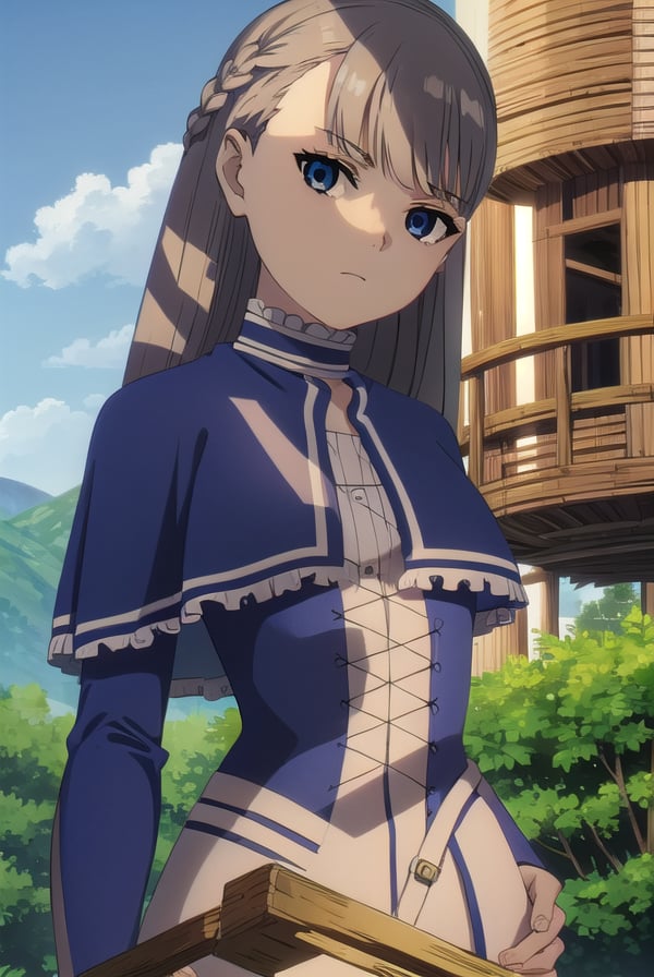 lawine, <lora:lawine-alpha-lora-nochekaiser:1>,lawine, long hair, bangs, blue eyes, brown hair, braid, low-tied long hair,BREAK long sleeves, dress, frills, capelet, blue dress, blue capelet,BREAK outdoors, forest, nature, grass, sky, sun, clouds,BREAK looking at viewer, (cowboy shot:1.5),BREAK <lyco:GoodHands-beta2:1>, (masterpiece:1.2), best quality, high resolution, unity 8k wallpaper, (illustration:0.8), (beautiful detailed eyes:1.6), extremely detailed face, perfect lighting, extremely detailed CG, (perfect hands, perfect anatomy),