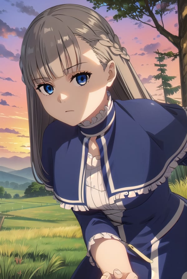 lawine, <lora:lawine-alpha-lora-nochekaiser:1>,lawine, long hair, bangs, blue eyes, brown hair, braid, low-tied long hair,BREAK long sleeves, dress, frills, capelet, blue dress, blue capelet,BREAK outdoors, forest, nature, grass, sky, sun, clouds,BREAK looking at viewer, (cowboy shot:1.5),BREAK <lyco:GoodHands-beta2:1>, (masterpiece:1.2), best quality, high resolution, unity 8k wallpaper, (illustration:0.8), (beautiful detailed eyes:1.6), extremely detailed face, perfect lighting, extremely detailed CG, (perfect hands, perfect anatomy),