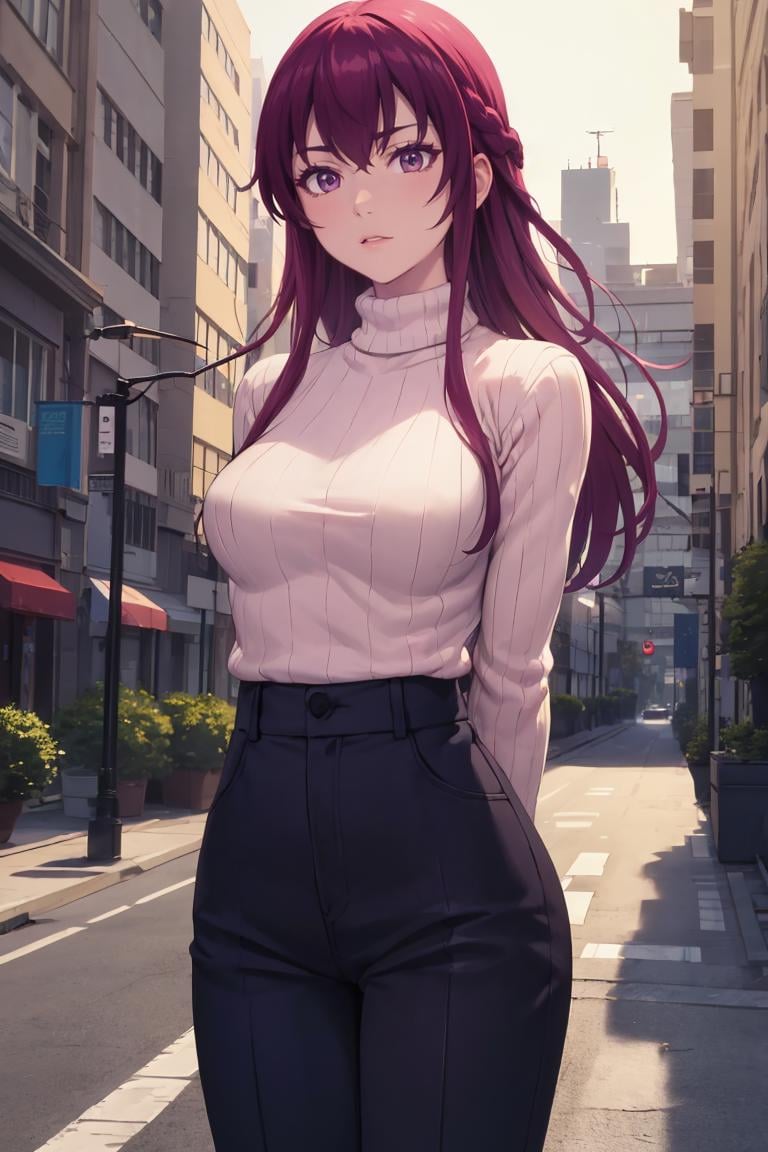 masterpiece, best quality, absurdres, MakuzawaOuka, long hair, sweater, ribbed sweater, long sleeves, high-waist pants, outdoors, city, arms behind back, <lora:MakuzawaOuka:1>