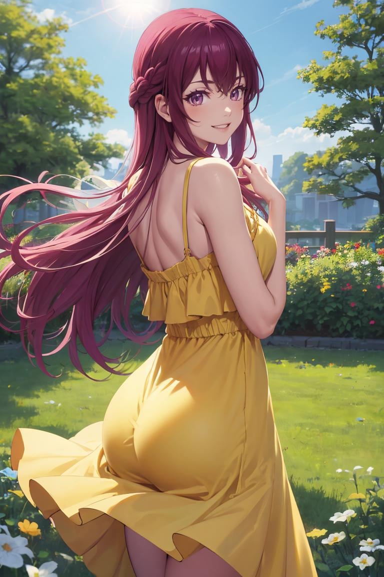 masterpiece, best quality, absurdres, MakuzawaOuka, long hair, from behind, (yellow sundress), garden, day, sunshine, smile, looking back, <lora:MakuzawaOuka:1>