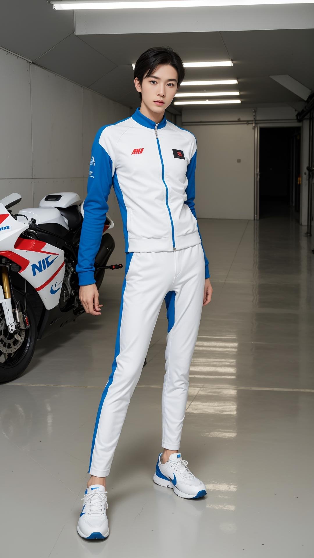 1 boy,in the tunnel,white racing suit,35mm,asian face,delicate features,studio lighting,white sneakers,nike shoes,muscular,slim figure,black hair,blue eyes,tall and thin,motorcycle,race car,supercar,