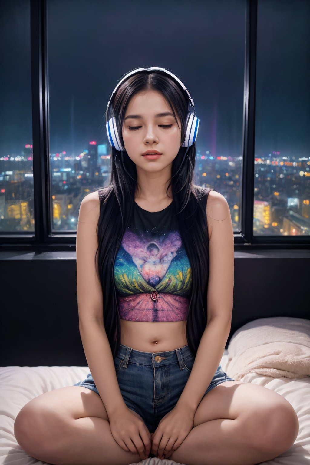 fine art, oil painting, amazing sky, Hippie Girl meditating in her room, dreaming, Wear headphones, night lights, Neon landscape on a rainy day, Analog Color Theme, Lo-Fi Hip Hop , retrospective, flat, 2.5D