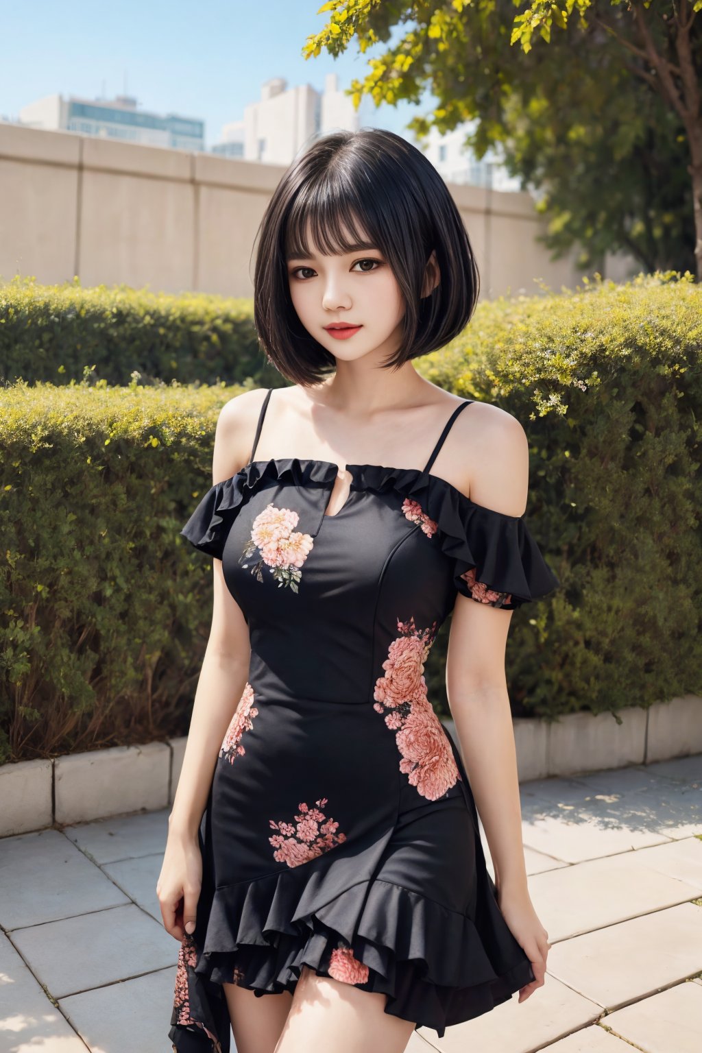 1girl, bob cut, bangs, black hair, frilled dress, floral print, outdoors, masterpiece, best quality, intricate detail detailed skin,