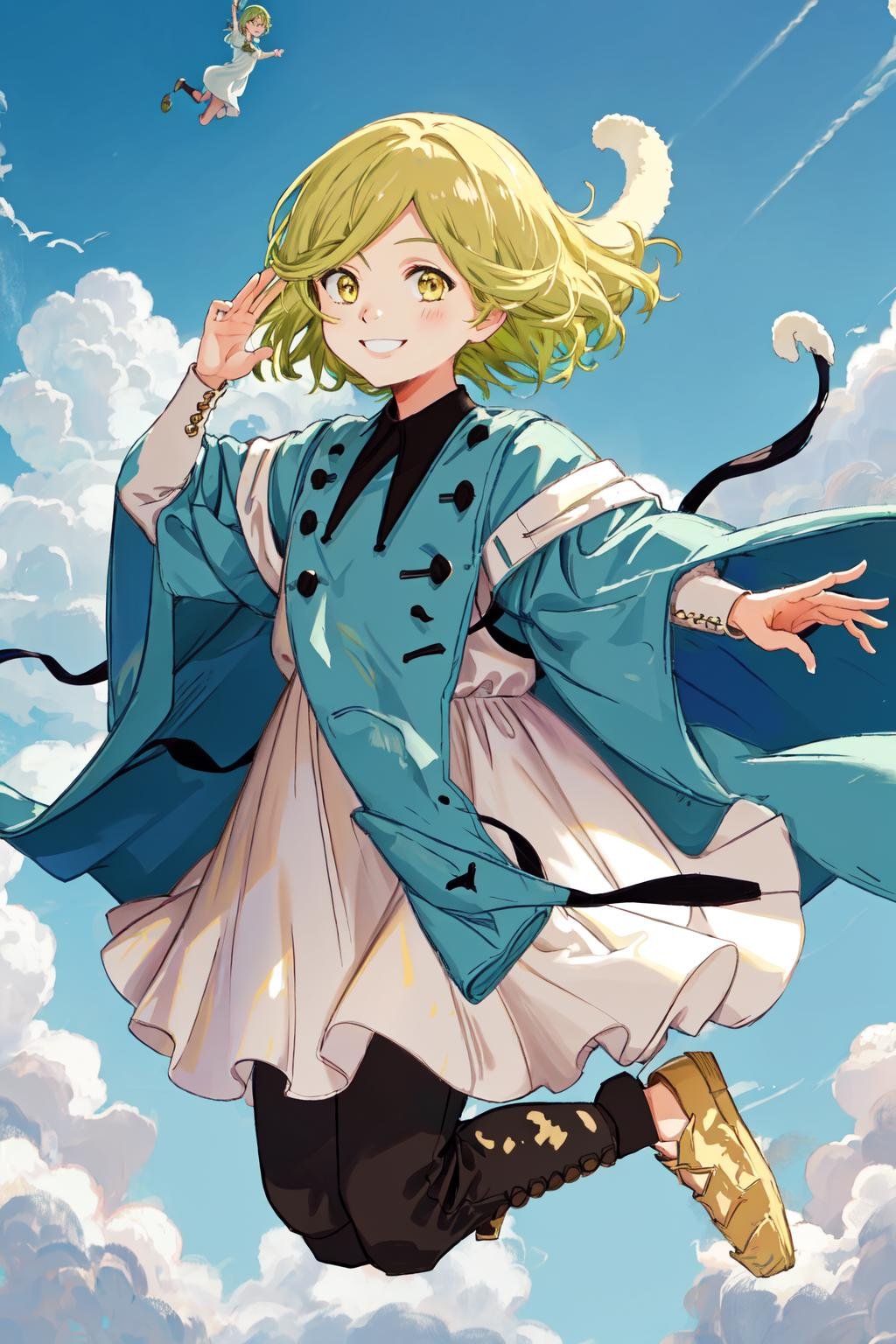 masterpiece, best quality, highres, 1girl coco, default robe long sleeves white dress black pants yellow footwear <lora:coco_witch_hat_atelier:1> jumping, blue sky, smile