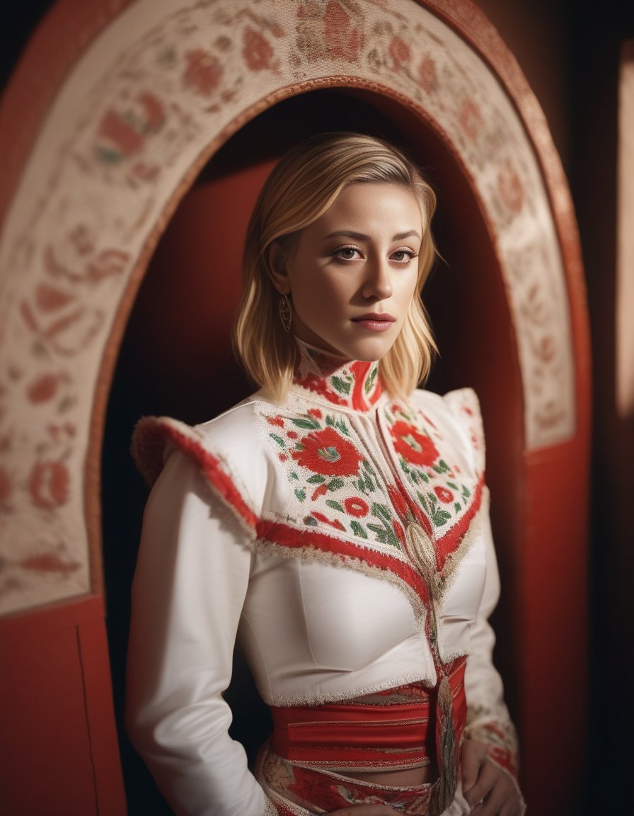 LiliReinhart, photograph, Secret Burundian Female, wearing Albanian Mexican charro suit, inside a Satin Portal, deep focus, natural lighting, film grain, Sony A9 II, Depth of field 270mm, <lora:LiliReinhartSDXL:1>