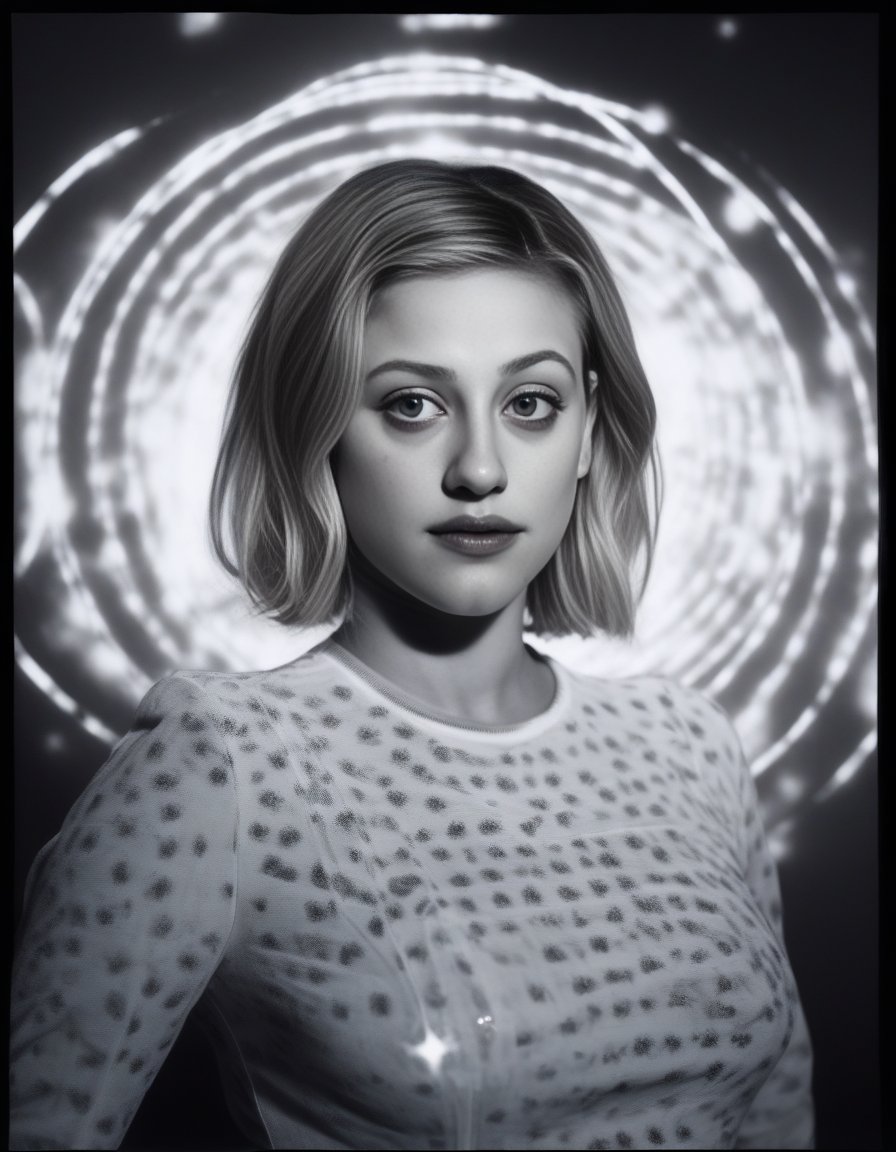 LiliReinhart, art by Brian Bolland, photograph, Stupid curvy Girl surrounded by Interplanetary magnetic field, Bokeh, Screen print, Queercore Art, film grain, Canon R5, telephoto lens, High quality, <lora:LiliReinhartSDXL:1>