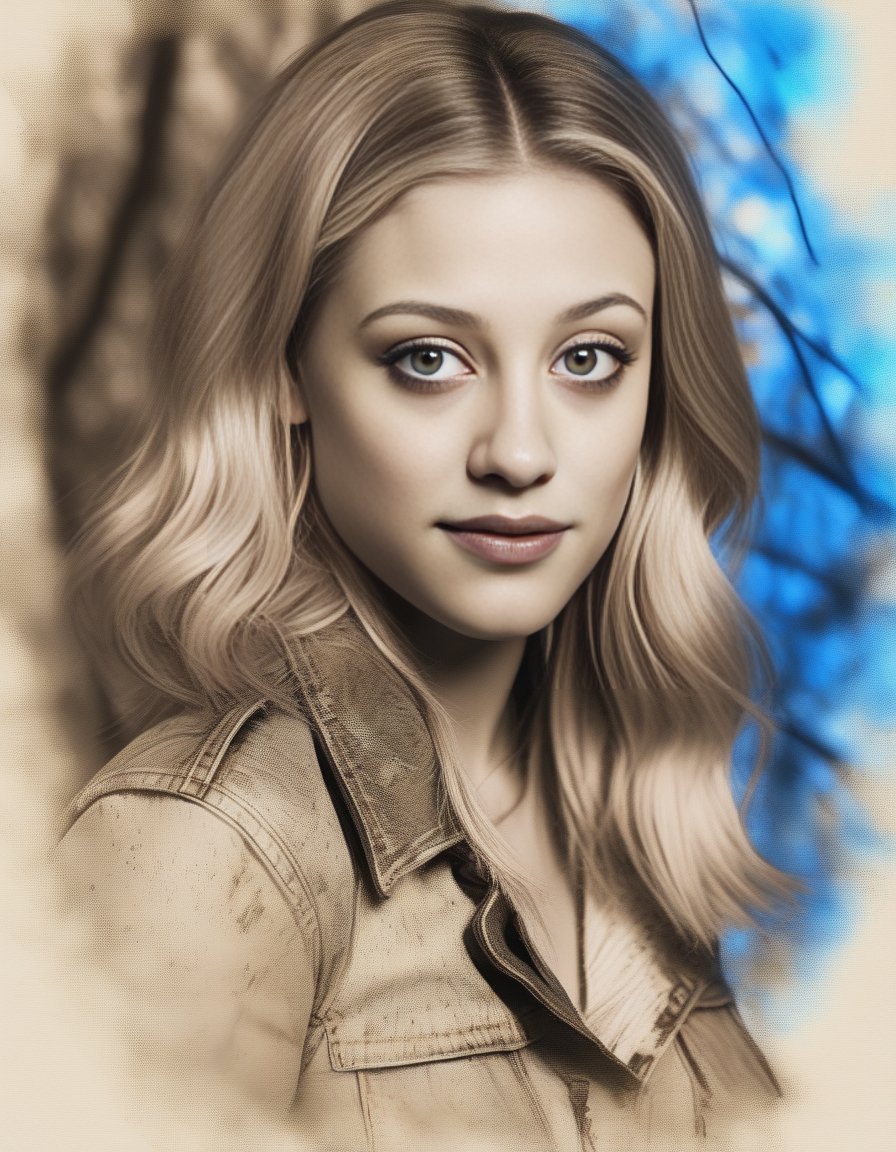 LiliReinhart, portrait,close up of a Serbian Female, Alhambresque Blonde hair, autumn forest, Bokeh, Rough sketch, 60s Art, Sepia filter, dripping with DayGlo blue, poster art, <lora:LiliReinhartSDXL:1>