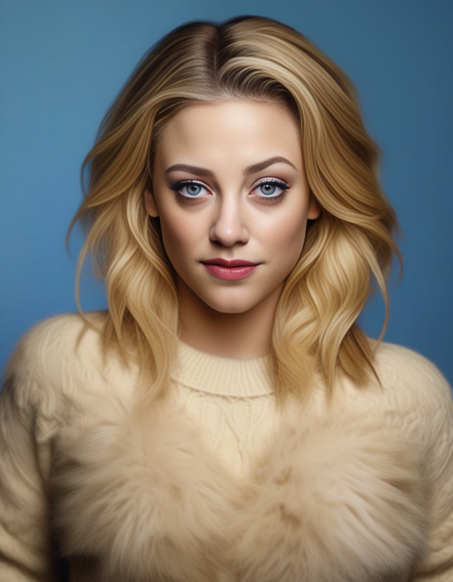 LiliReinhart,<lora:LiliReinhartSDXL:1>(masterpiece:1.1), (ultra hi res:1.2), picture of a woman, (fur sweater), only latex pants, (blue) eyes, perfect eyes, blond hair, short hair, high quality, highly detailed, (Sharpdetail:1.3), (PhotoGrain:1.5), photorealism, hyperrealism, realistic, real, natural color, warm tone