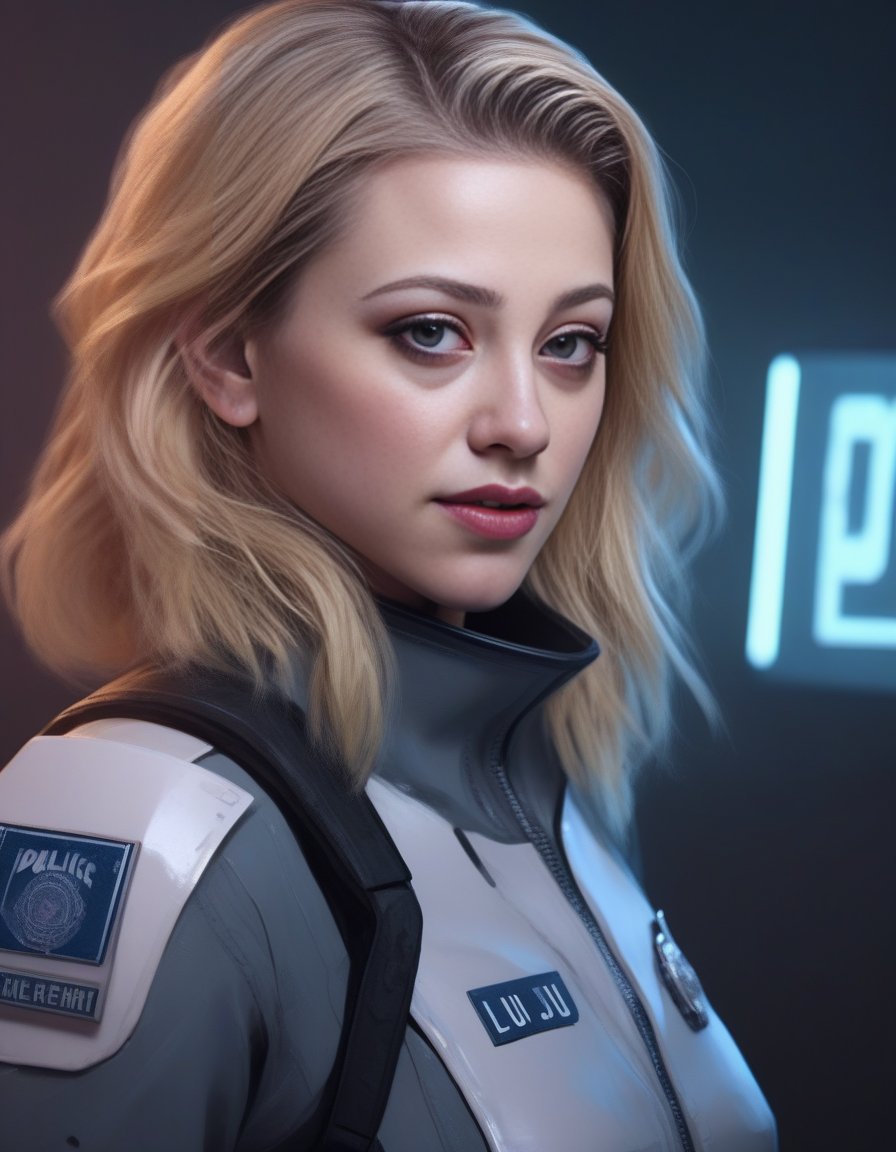 LiliReinhart,<lora:LiliReinhartSDXL:1>a portrait of a futuristic policewoman, Cyberpunk art by Lü Ji, trending in cg society, retrofuturism, futuristic, sci-fi, aesthetic anime