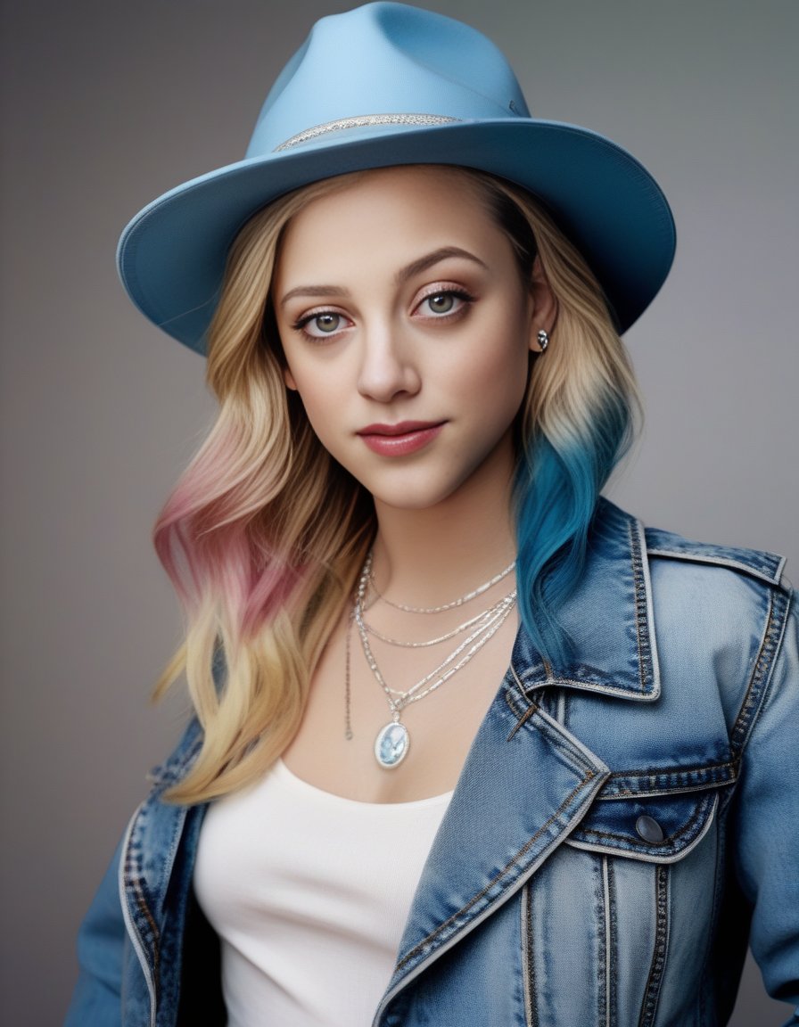 LiliReinhart,<lora:LiliReinhartSDXL:1>,Realistic photo of a beautiful woman, 1girl, solo, long hair, hat, jewelry, blue hair, jacket, multicolored hair, necklace, bracelet, lips, realistic, fashion, soft lighting, professional Photography, Photorealistic, detailed, RAW, analog, sharp focus, 8k, HD, DSLR, high quality, Fujifilm XT3, film grain, award winning, masterpiece