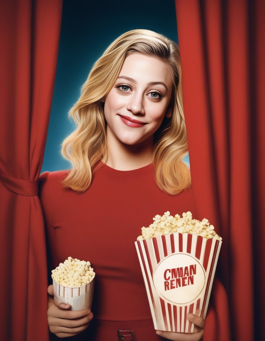 LiliReinhart,Standing amidst plush red curtains, a woman in a crisp uniform and beaming smile welcomes cinemagoers to a dimly lit theatre. The aroma of popcorn mingles with the anticipation in the air as she leads them to their seats, her gaze briefly flickering to the silver screen, hinting at a shared love for the magic of movies. In her hands, tucked alongside a box of tickets, lies a worn movie script, revealing a secret dream beyond the velvet ropes.<lora:LiliReinhartSDXL:1>