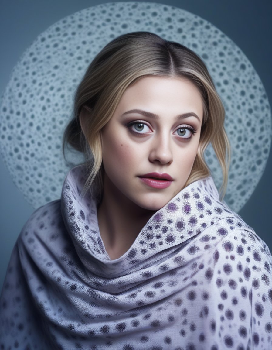 LiliReinhart, art by Claude Melan, photograph, Stirring Rickety Woman, designed by Orcs 😛, wearing Cape in Circles patterns, JoJo pose, Hurricane, soft focus, Fearful, film grain, Nikon d3300, L USM, anaglyph effect, <lora:LiliReinhartSDXL:1>