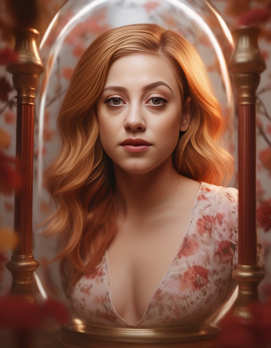 LiliReinhart, photograph, Flowery hourglass figure Girl, Contemplative Red hair, Fall, Masterpiece, spotlit, film grain, Phase One XF IQ4 150MP, 35mm, Polychromatic, extremely detailed CG Unity 8k wallpaper, <lora:LiliReinhartSDXL:1>