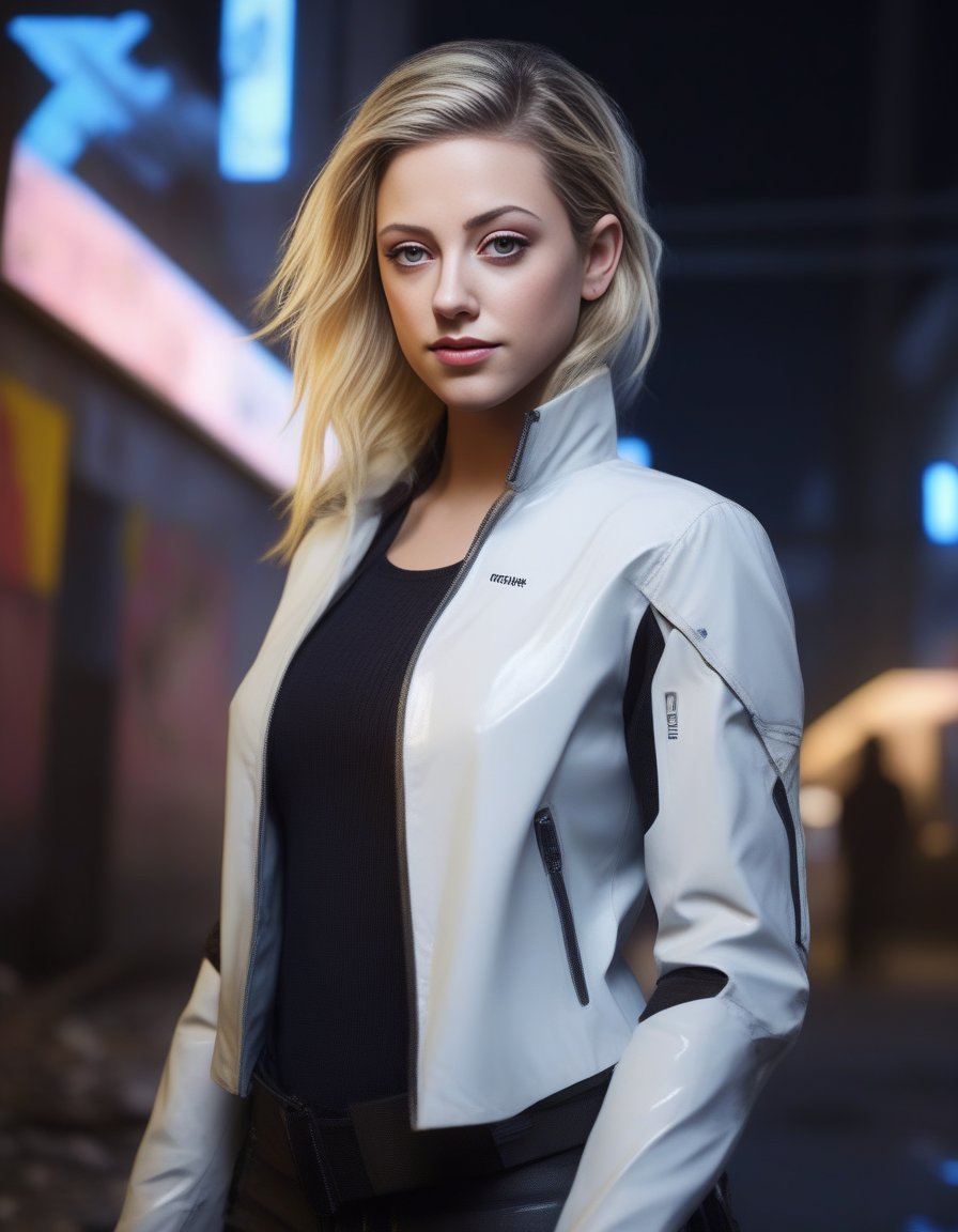 LiliReinhart,<lora:LiliReinhartSDXL:1>[three-quarter close-up::12], [gorgeous face, long blond wavy hair, (pale skin:1. 2), pastel lighting, mysterious smile, ((looking at the camera)), bright and piercing eyes:9], gorgeous young cyborg girl ((anatomical:0. 7) (cybernated (arms:1. 1) in Deus Ex Mankind Divided style:0. 9)) and (trim and athletic:0. 8), (glossy [with rolled up sleeves] blown jacket in fashion magazine style, clothing jacket, night city), (Dylan Kowalski:1. 3), inside a slum alley with (neon signs:0. 6), (dramatic neon lighting:0. 9), natural glossy, [stunning high-activity unity render::30]Maximally natural hair[superdetail, ((professional photography, hyperphotorealistic, cinematic, natural reflection textures, natural materials, high-contrast shadows, cinematic lighting, soft lighting)):20], (neon lighting:0. 8), 150mm, ISO 100