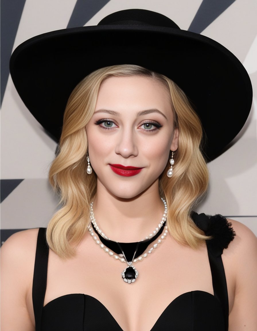 LiliReinhart,<lora:LiliReinhartSDXL:1>The image features a woman wearing a black hat, a black dress, and a pearl necklace. She is posing for a picture, and her lips are painted red. The woman is also wearing a black glove, which adds to her elegant and stylish appearance. The combination of her outfit, makeup, and accessories creates a sophisticated and timeless look. (controlnet_mode:canny sdxlYamersRealism2, sdxl-1. 0. 0. 9. safetensors, SeargeSDXL4. 2-Llama2 prompt)