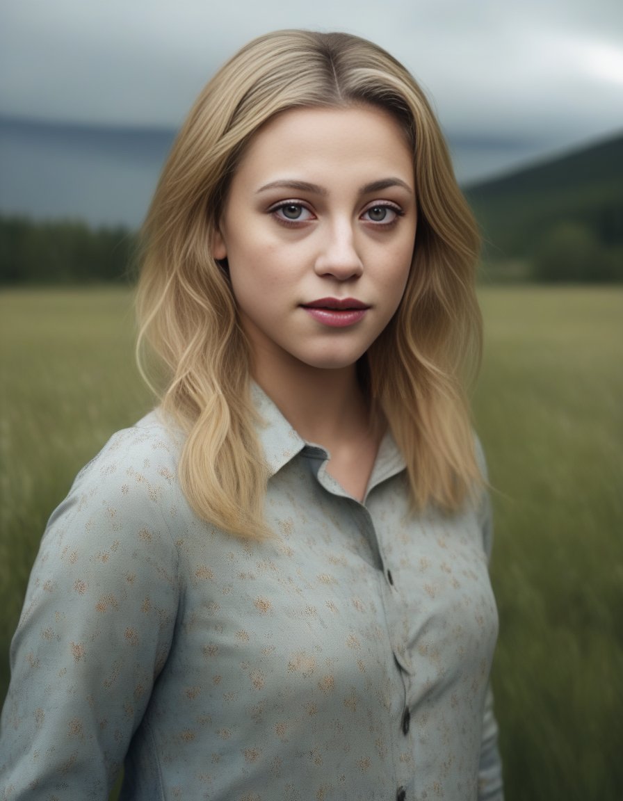 LiliReinhart,<lora:LiliReinhartSDXL:1>Portrait of a young beautiful Norwegian girl on a field, overcast with natural illumination, outdoors, highly detailed, realistic textures