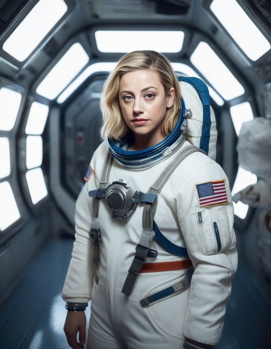 LiliReinhart,<lora:LiliReinhartSDXL:1>,photo,detailed background, stunning beauty, high quality photo, perfect composition, perfect details and textures, highly detailed, front view, looking at camera, perfect lighting, with an astronaut suit in the space station