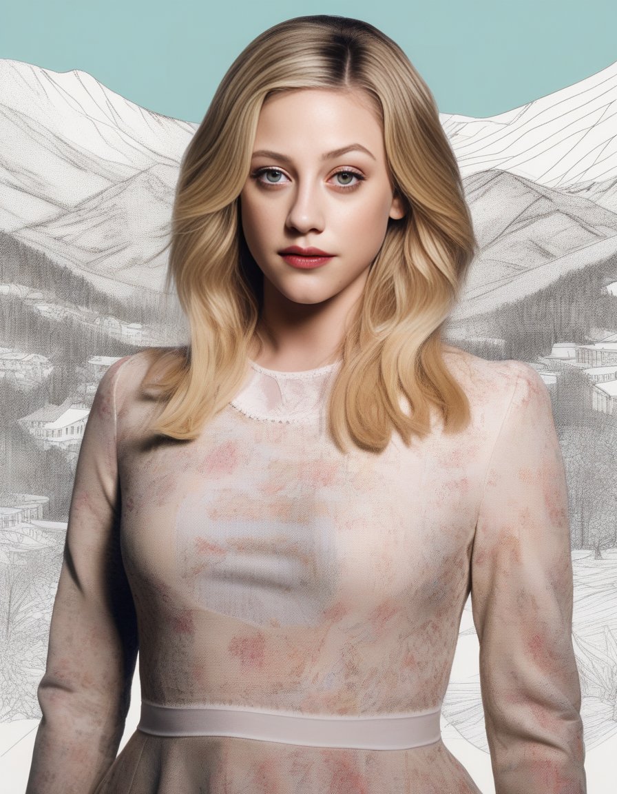 LiliReinhart, photograph, intricate details, Groovy (Girl:1.1) , Count, Feminine Pose, Platinum hair styled as Layered cut, background is [Ski resort|Bay], Sketched, Ashcan School, film grain, Nikon Z9, macro lens, Elegant, contest winner, (art by Walter Crane:0.8) , <lora:LiliReinhartSDXL:1>