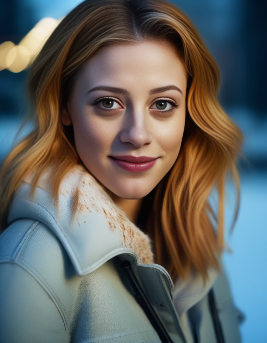 LiliReinhart,<lora:LiliReinhartSDXL:1>, cinematic photo (art by Mathias Goeritz:0.9) , photograph, Lush Girlfriend, looking at the camera smiling, Rich ginger hair, Winter, tilt shift, Horror, specular lighting, film grain, Samsung Galaxy, F/5, (cinematic still:1.2), freckles . 35mm photograph, film, bokeh, professional, 4k, highly detailed