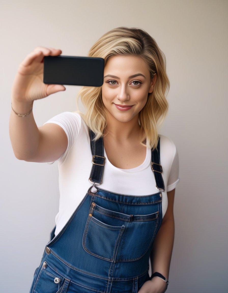 LiliReinhart,<lora:LiliReinhartSDXL:1>, a curvy athletic woman in black overalls is smiling and taking a selfie, white t-shirt, streak in hair, 8k uhd, dslr, soft lighting, high quality, film grain, Fujifilm XT3