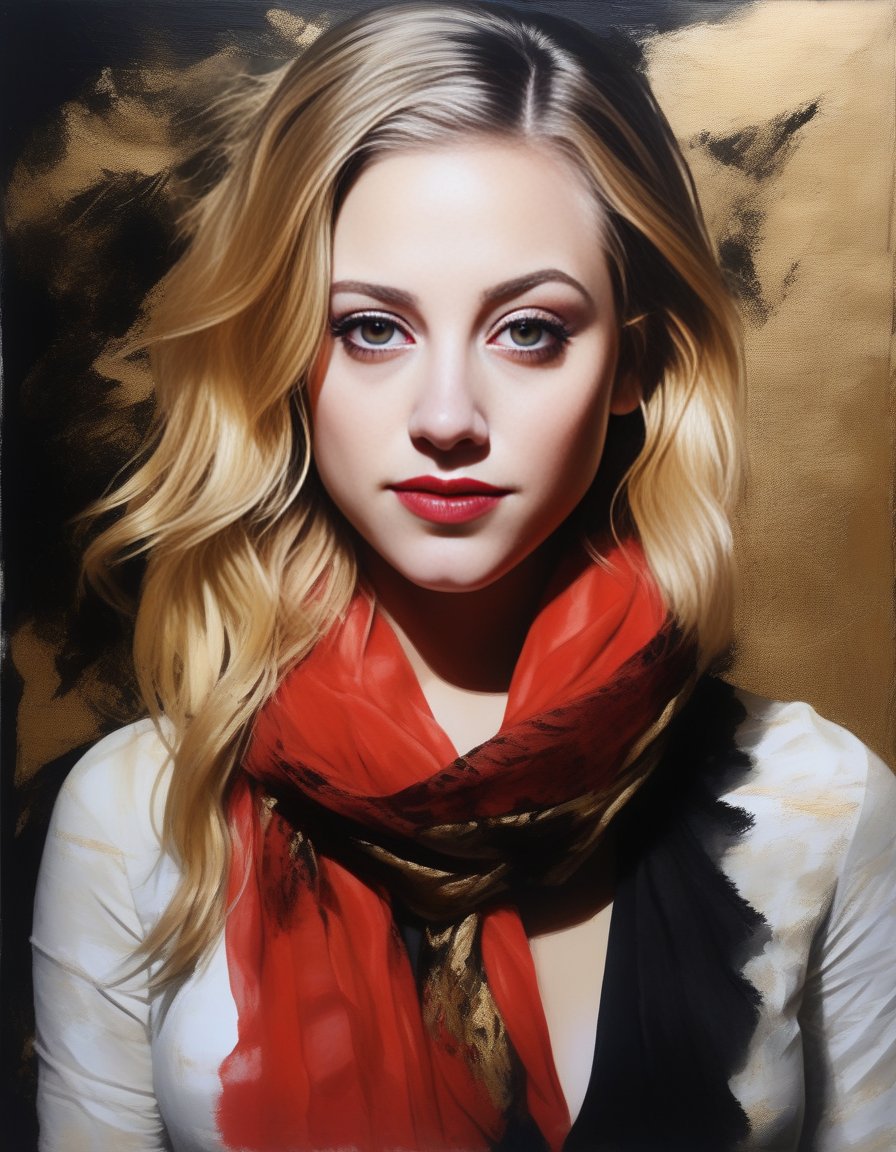 LiliReinhart,<lora:LiliReinhartSDXL:1>breathtaking portrait of a gorgeous girl, sultry, red scarf, dark gold and black, gossamer fabrics, jagged edges, eye-catching detail, insanely intricate, vibrant light and shadow , beauty, paintings on panel, textured background, captivating, stencil art, style of oil painting, modern ink, watercolor , brush strokes, negative white space