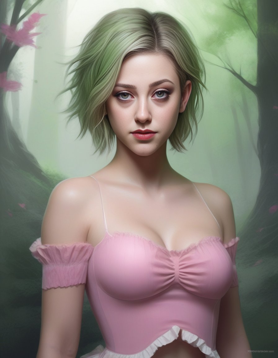 LiliReinhart,<lora:LiliReinhartSDXL:1>Anime portrait by WLOP and Artgerm, trending on artstation, (masterpiece, best quality), 1girl, pixie, in a fantasy forest, green Short Wavy Hair with, Size DD breasts, pink Corset top and Ruffled mini skirt kneehighs,